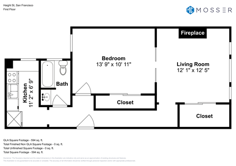 Floor plan for 1 bed, 1 bath, 700 sqft